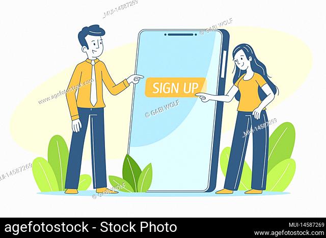 Social media template. Two character signs up on huge smartphone