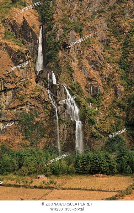 Tall waterfall in Tal, Annapurna Conservation Area