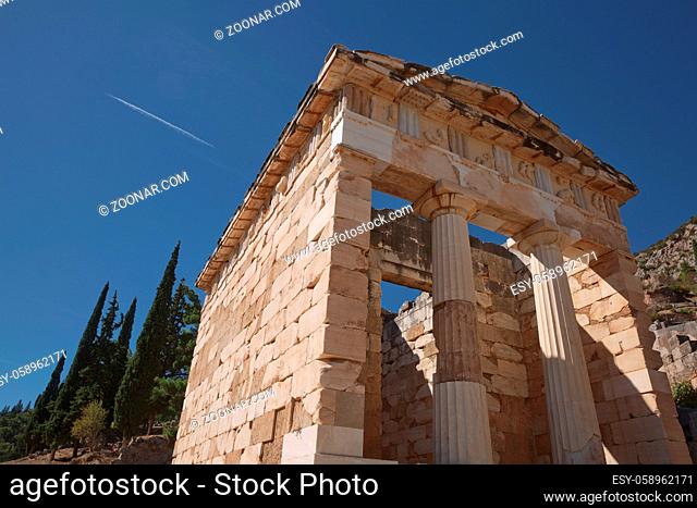 Athenian Treasure in Delphi, Greece, ancient sanctuary that grew rich as seat of oracle that was consulted on important decisions throughout ancient classical...