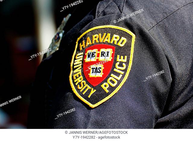 Harvard University Police Department (HUPD) patch on the sleeve of an officer's uniform