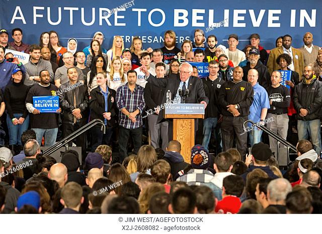 Dearborn, Michigan - Presidential candidate Bernie Sanders speaks with members of the United Auto Workers and other supporters at the UAW Local 600 union hall