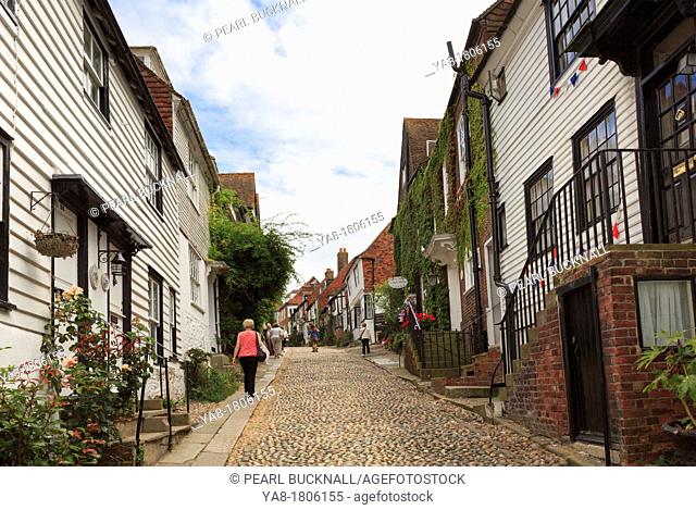 Mermaid Street, Rye, East Sussex, England, UK, Britain, Europe  View up the famous narrow cobbled street lined with quaint old houses
