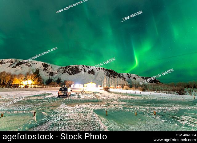 Northen lights over campsite, Southern Region, Iceland, Europe
