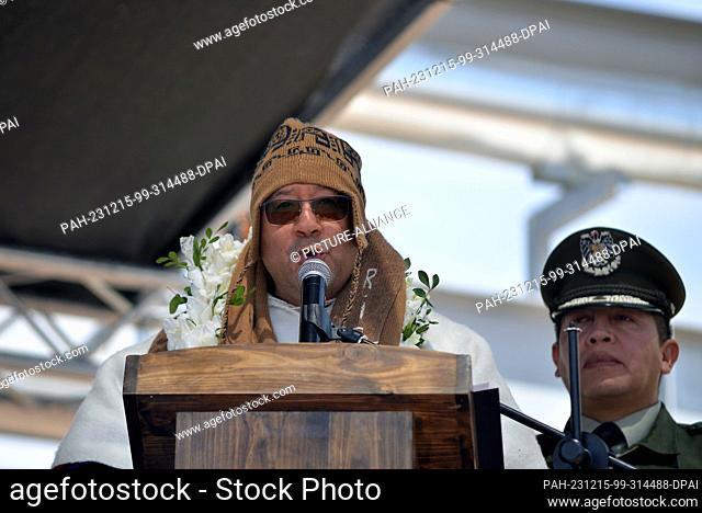 15 December 2023, Bolivia, Uyuni: President Luis Arce Catacora gives a speech after the inauguration of the lithium carbonate extraction plant at the Uyuni salt...