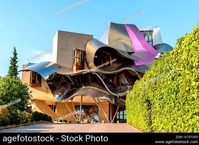 Elciego, Spain - 6 August 2020: Winery of Marques de Riscal in Alava, Basque Country. The futuristic building and luxury hotel was designed by famous architect...