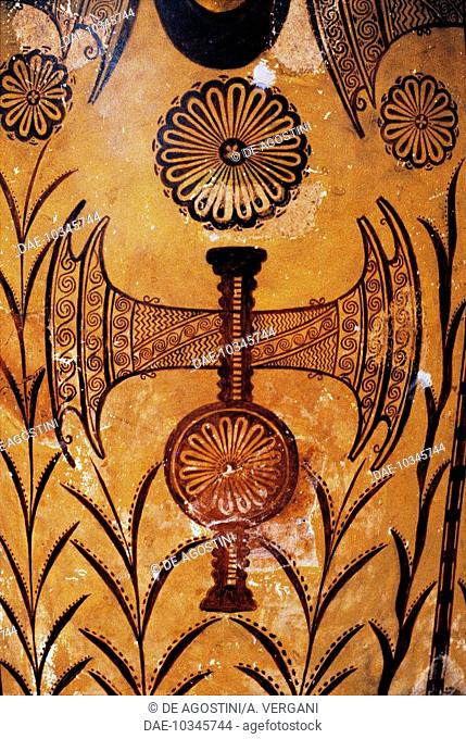 Labrys, symmetric doubleheaded axe, detail of the decoration on a palatial vase, Crete, Greece. Minoan civilisation.  Candia-Iraklion