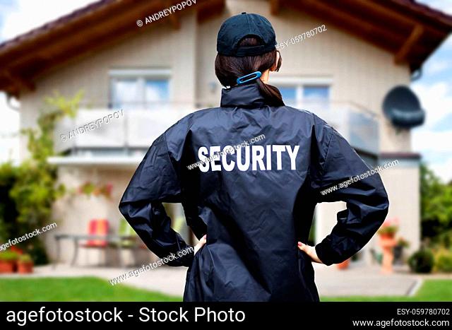 Security Guard Watching House Property. Surveillance Service