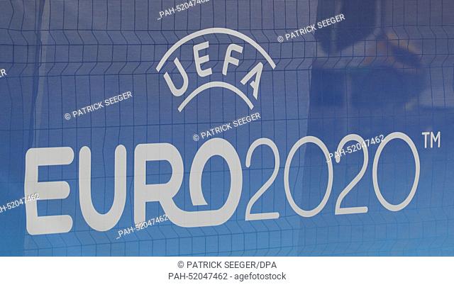 A logo for the UEFA Euro 2020 European soccer championships is seen during the UEFA Euro 2020 Hosts Announcement Ceremony at the Espace Hippomene in Geneva