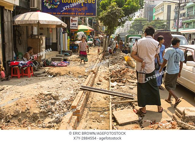 A sidewalk in the middle of being repaired. . Yangon, Myanmar