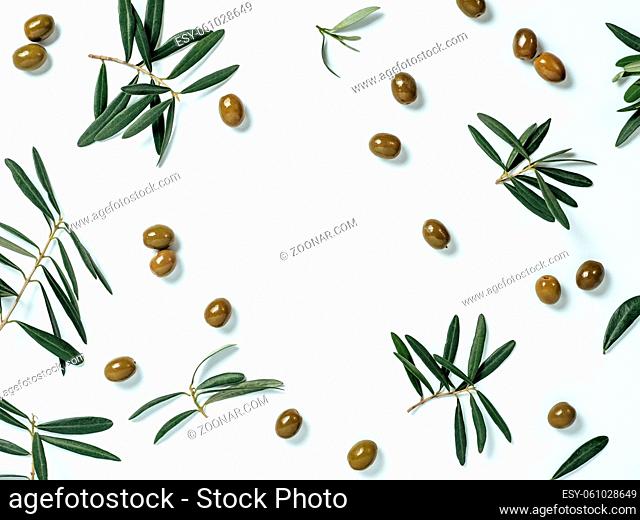 Pattern with green olives and olives tree leaves and branches on white background, copy space in center. Olive tree fruits and branches, top view or flat lay
