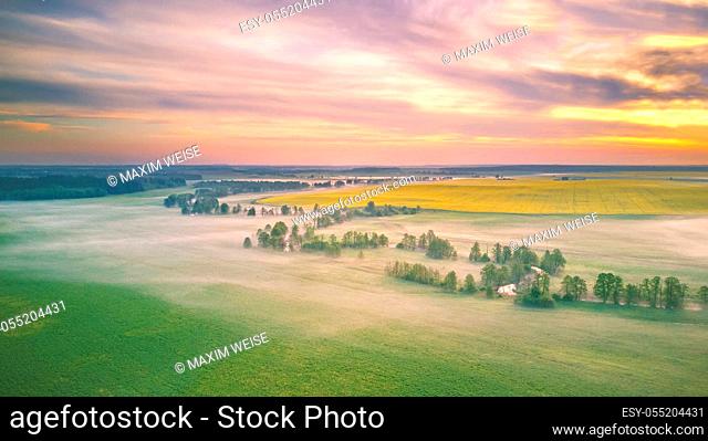 Spring morning aerial rural panorama. Sunrise over green and yellow blooming colza fields. Clouds of fog and small river with trees on riverbank