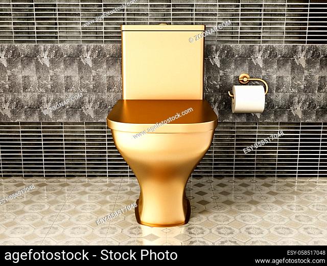Golden toilet in luxury bathroom. 3D illustration