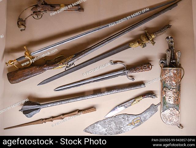 05 May 2020, Brandenburg, Cottbus: Historical weapons from the prince's collection, found in the castle lake, can be seen in the special exhibition ""Branitz...