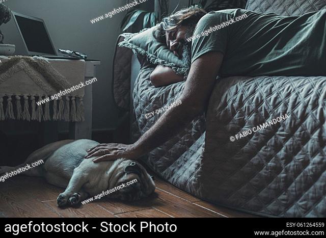 Love and friendship with man and dog. Animal owners living in friendship with pug. Male sleep with his dog. Domestic canine lifestyle concept owner and old...