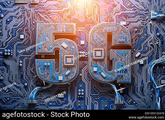 5G technology development, semiconductor productivity growth concept backgound. 5G chip on computer matherboard. 3d illustration