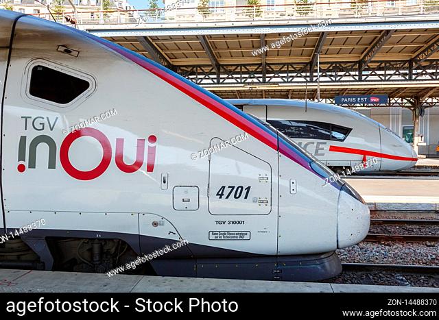 Paris, France ? July 23, 2019: French TGV and German ICE high-speed train at Paris Est railway station in France