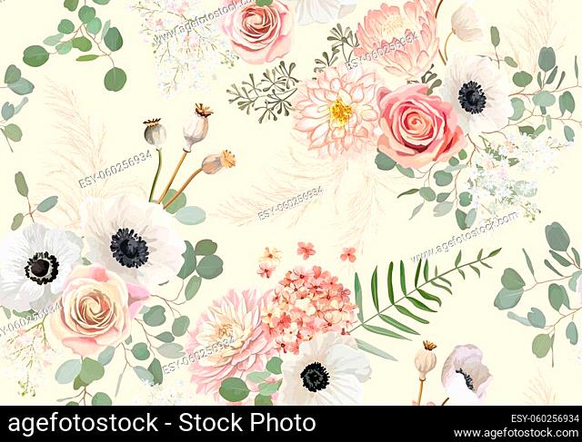 Rustic dried flowers pattern. Watercolor Seamless anemone, rose flower, eucalyptus leaves, pampas grass vector background