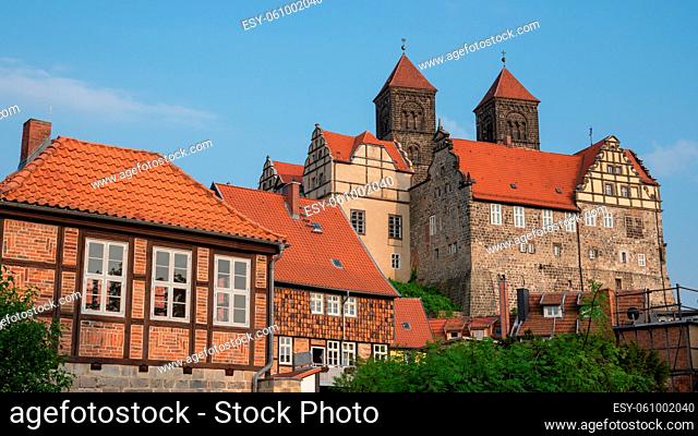 Panoramic image of the convent of Quedlinburg in evening sunlight, Germany, Europe
