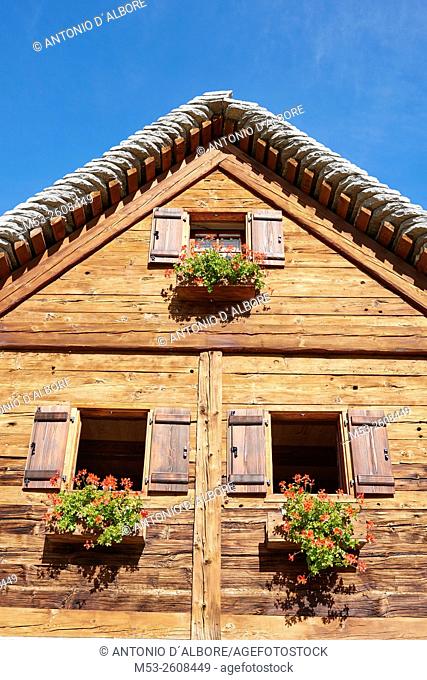 Detail of a Traditional alpine home seen in the village of Campriolo. Municipality of Baceno. Province of Verbano-Cusio-Ossola. Piedmont. Italy