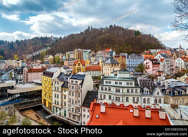 View of historical center of Karlovy Vary from hill, Czech republic