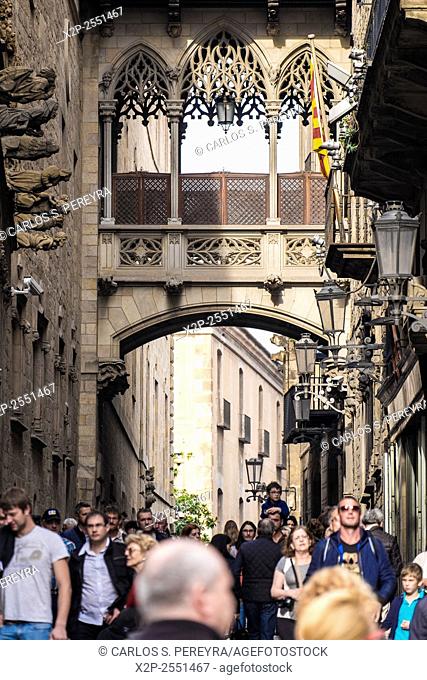 neogothic bridge at Carrer del Bisbe (Bishop Street). Spain. Barcelona