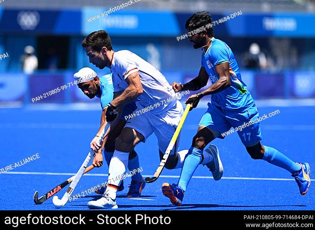 05 August 2021, Japan, Tokio: Hockey, Men: Olympia, Germany - India, Final Round, Match for 3rd Place at Oi Hockey Stadium