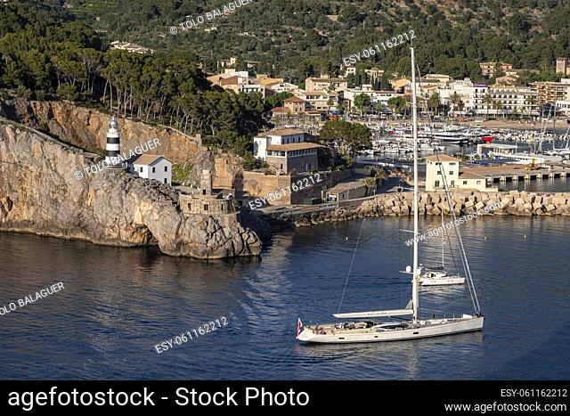 ship entering Soller port, Mallorca, Balearic Islands, Spain