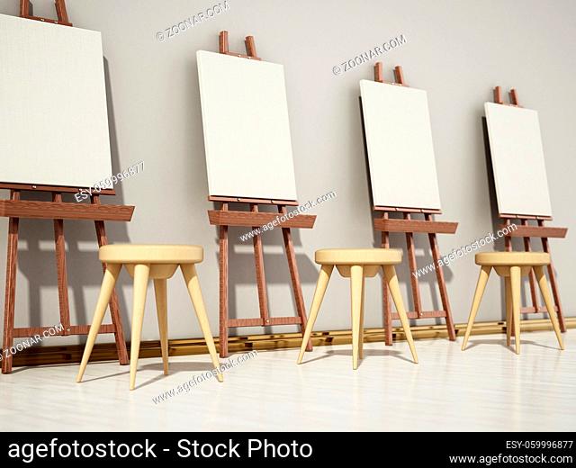 Easels and blank canvases standing in a row. 3D illustration