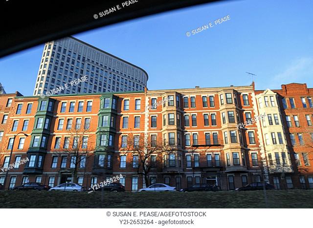 Buildings viewed through the passenger window, Boston, Massachusetts, United States, North America