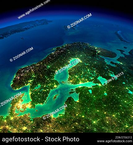 Highly detailed Earth, illuminated by moonlight. The glow of cities sheds light on the detailed exaggerated terrain. Night Earth. Europe. Scandinavia