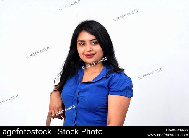 portrait of a latin american woman on white background