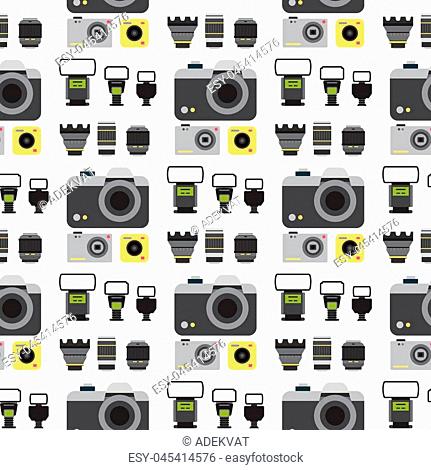 Camera photo vector studio flat optic lenses types objective retro photography equipment photography professional photographer look seamless pattern background...