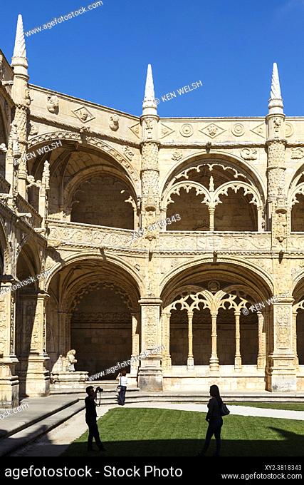 Lisbon, Portugal. The cloister and courtyard of the Mosteiro dos Jeronimos, or the Monastery of the Hieronymites. The monastery is considered a triumph of...