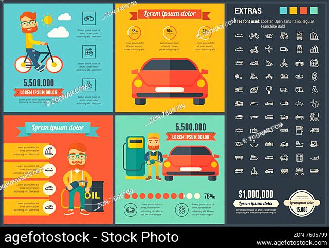 Transportation infographic template and elements. The template includes illustrations of hipster men and huge awesome set of thin line icons
