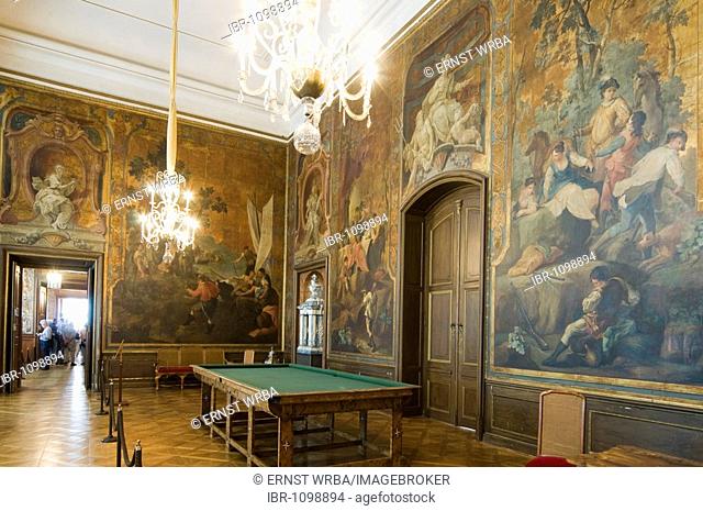 Schloss Moritzburg Castle, interior, Billiards Hall with leather wallpaper, Dresden, Saxony, Germany, Europe