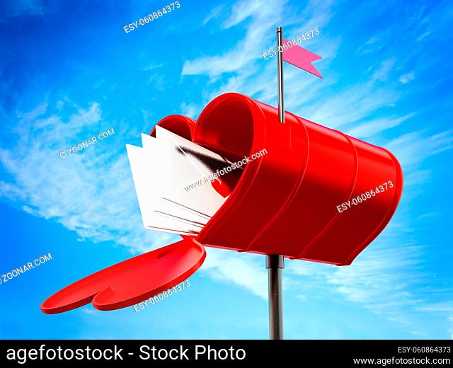 Open heart shaped mailbox full of love letters. 3D illustration