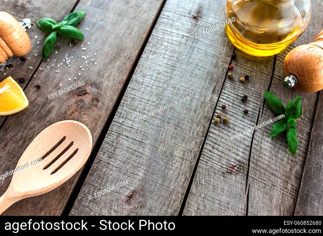 Conceptual flat lay. Different seasonings, cooking homemade sauce, mayonnnasie, garlic sauce, seasoning on wooden background. High quality photo