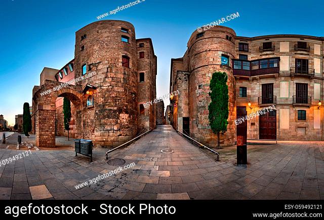 Panorama of Ancient Roman Gate and Placa Nova in the Morning, Barcelona, Catalonia