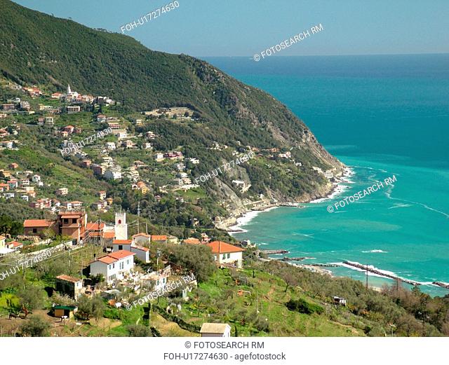 Liguria, Italy, Moneglia, Riviera di Levante, Ligurian Riviera, Europe, Scenic aerial view of the town of Moneglia along the Ligurian Sea