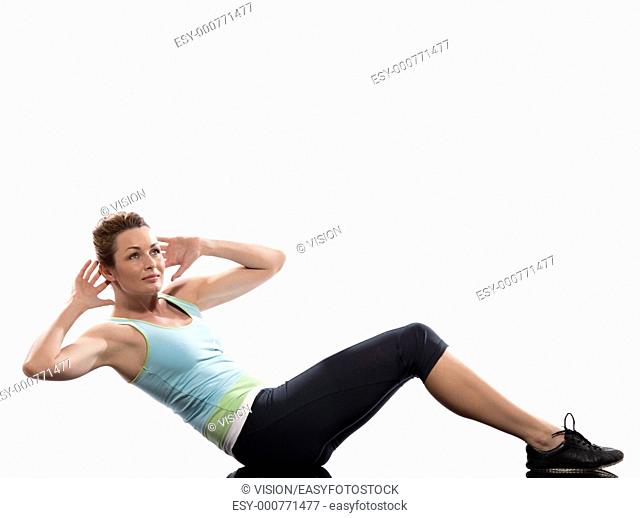 woman on Abdominals rotation workout posture on white background  This exercise engages the oblique abdominal muscles  Start with one leg bent and the other one...