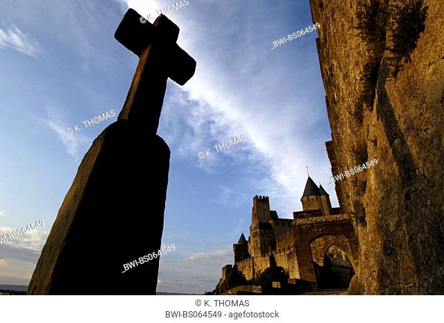 Carcassonne, medievial fortress, stone cross, France, Languedoc Roussillon, Carcassonne