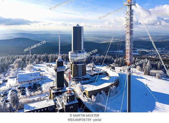 Germany, Hesse, Schmitten, Aerial view of Grosser Feldberg, aerial mast of hr and viewing tower in winter