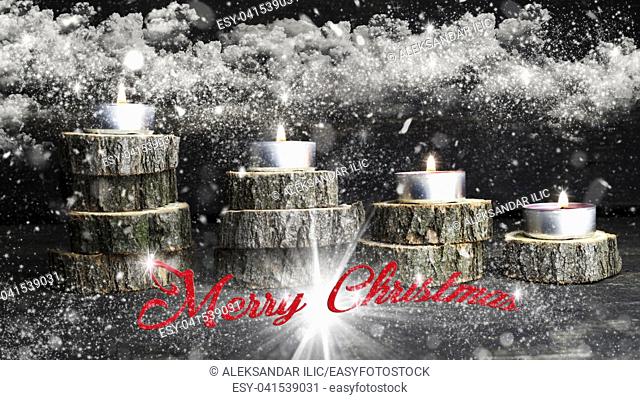 Merry Christmas. Christmas candles burning, decoration on wooden logs resting on rustic wooden background with Snow, Flakes, Stardust, Stars