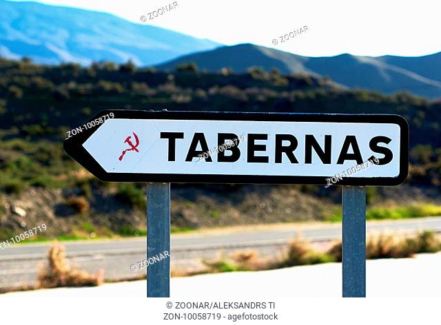 Road sign of Tabernas, is one of semi-deserts in Spain, province of Almeria