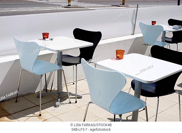 Tables and chairs on a terrace, Kopenhagen, Region Hovedstaden, Denmark