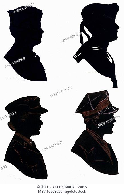 Four wartime silhouettes: an American private from Oregon (top left), a Norwegian sailor (top right), an ATS (Auxiliary Territorial Service) officer (bottom...