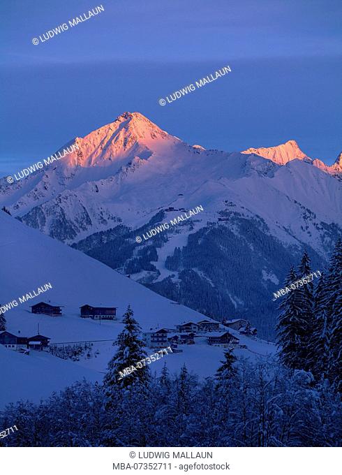 Austria, Tyrol, Zillertal, winter evening in Tuxertal against Ahornspitze