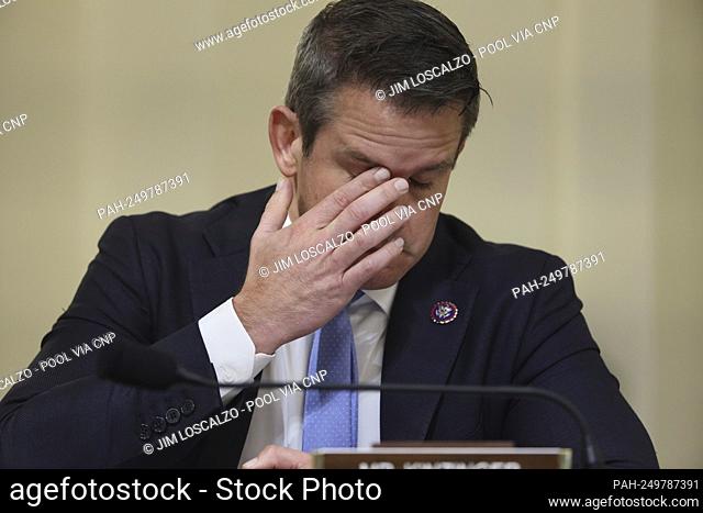 United States Representative Adam Kinzinger (Republican of Illinois) reacts during officer testimony before members of the Select Committee to Investigate the...
