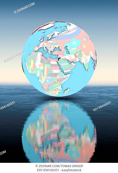 Jordan on political globe with national flags floating above water. 3D illustration