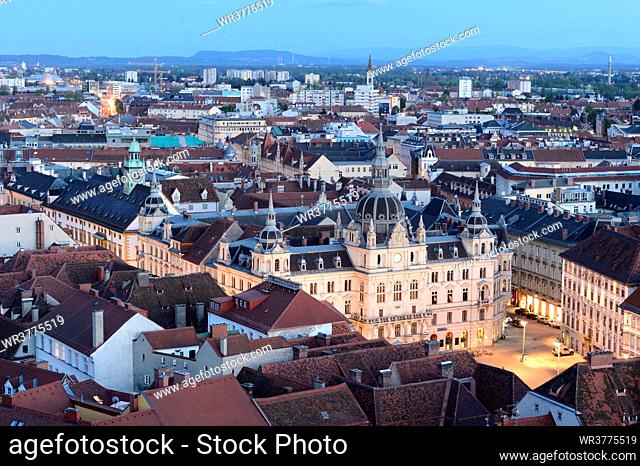 Urban landscape of Graz at blue hour, Styria, Austria